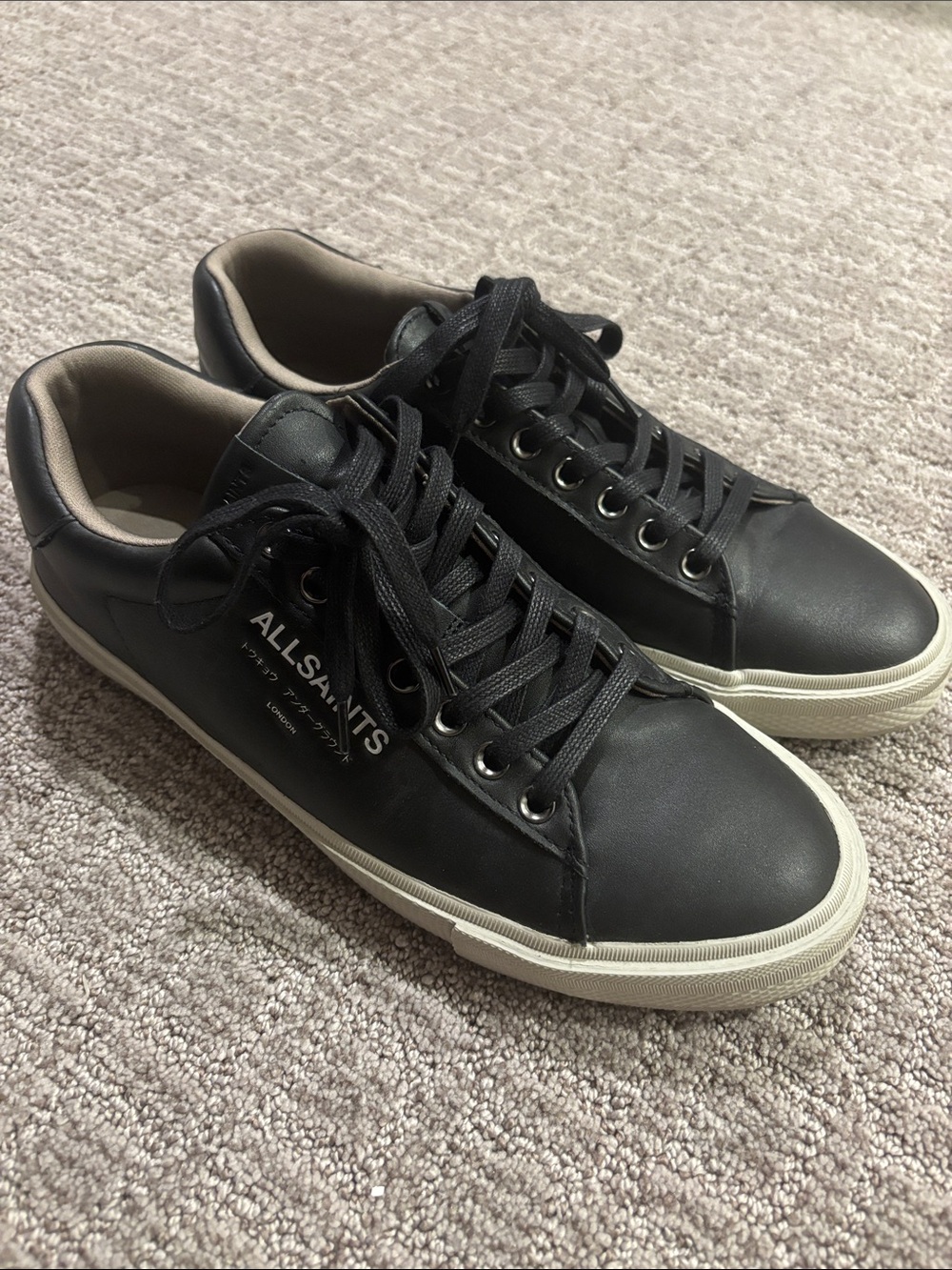 AllSaints Men’s Black Leather Sneakers with White Sole